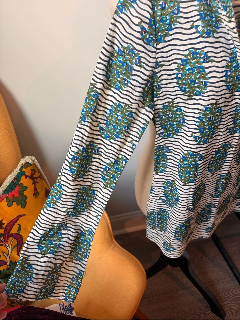 Tory Burch Orange Logo Tag on Blue & Green Floral Stripe Top